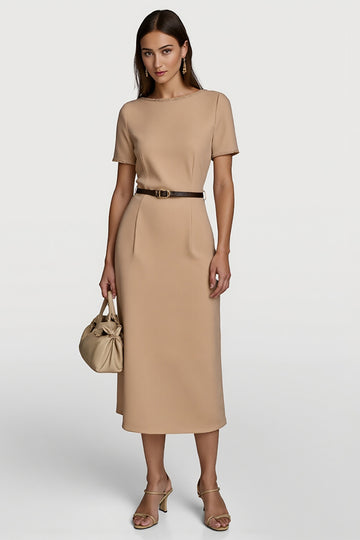 Camel Midi Round Neck Work Dress with Belt